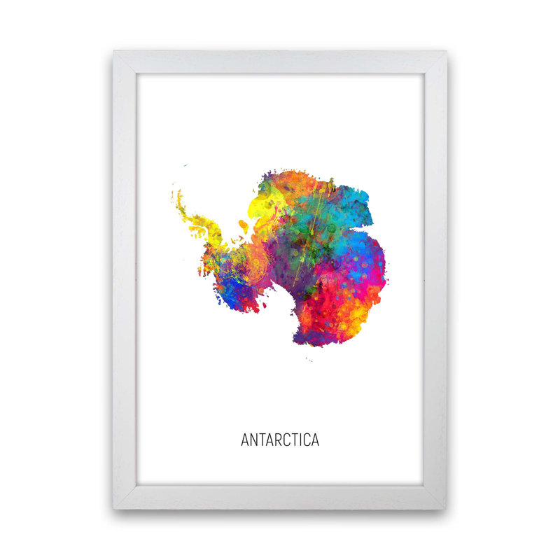 Antarctica Watercolour Map by Michael Tompsett - Print, 63cm H x 46cm W x 3cm D, White Framed