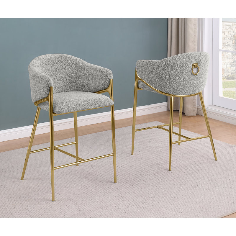Barstools In Teddy Boucle Fabric, Bar Stool (30" Seat Height), Rich Gray Seat/Gold Frame