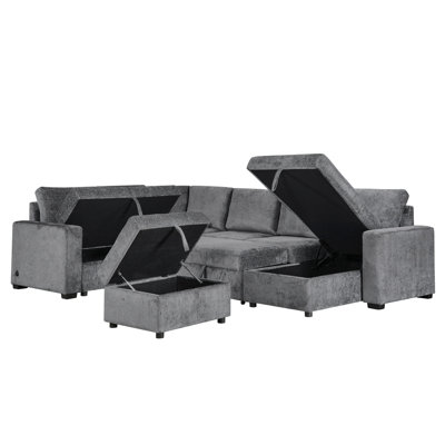 Esmeralda 122" Gray Chenille Fabric Reversible Modular Sleeper Sectional Sofa With Storage Chaise, USB Charging Port, And Storage Ottoman