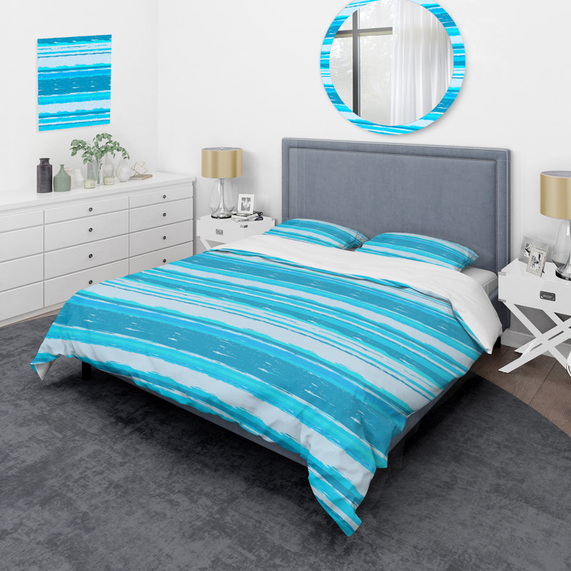 Blue Striped Pattern Polyester Striped Duvet Cover, Queen Duvet Cover + 2 Standard Shams
