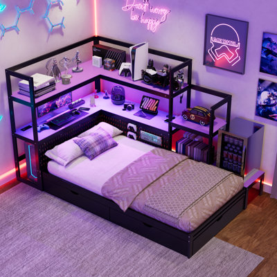 Twin Size Gaming Daybed with Desk, LED Light, 3 Storage Drawers & Charging Station, Headboard Bookcase, Black+Purple