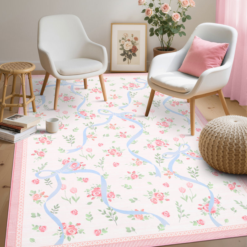 Washable Area Rug Bow Décor, Rectangle 4' x 6', Pink/Blue