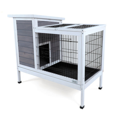 Cage à lapins en bois à deux niveaux pour l'intérieur pour petits animaux avec piste et plateau en plastique étanche, gris
