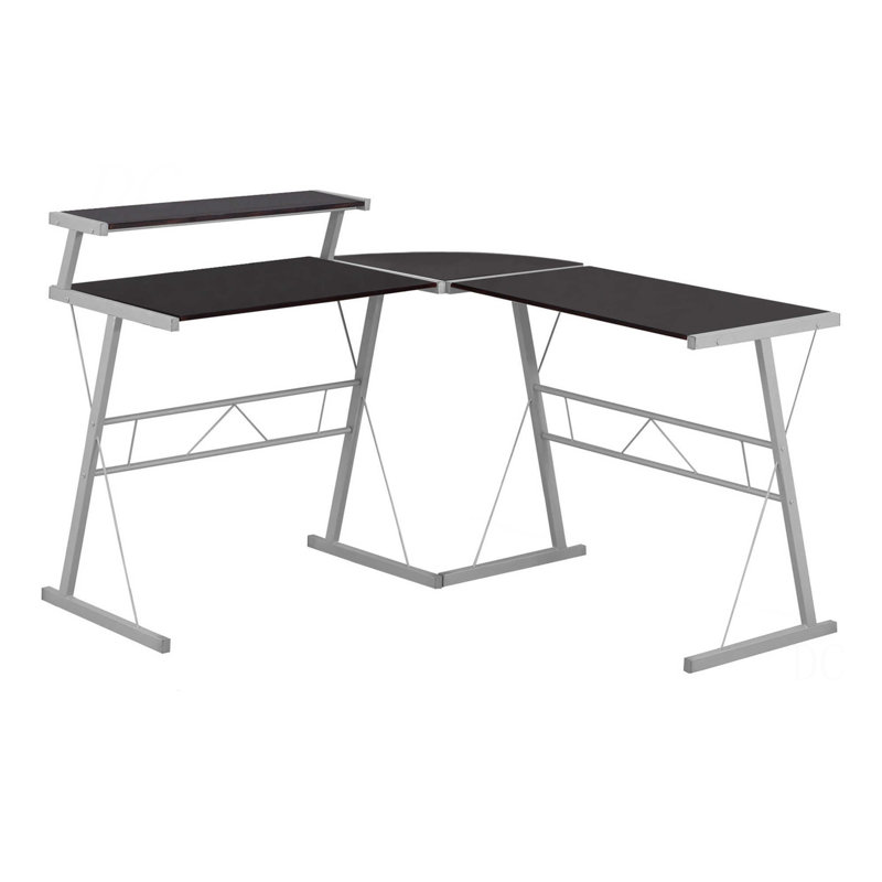 Bureau d'ordinateur, bureau personnel, coin, forme de L, travail, ordinateur portable, stratifié brun, métal gris, contemporain, moderne