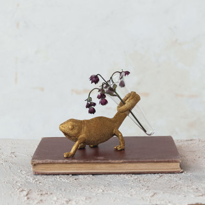 Resin Chameleon With Glass Vase