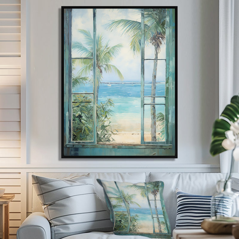 «Tropical beach Windows horizon I» - Impression sur toile côtières, Cadre flottant noir, H 32 po x l 24 po x P 1 po