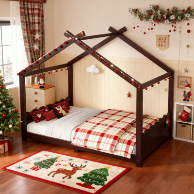 Lit de maison avec lattes de soutien, structure en bois massif pour enfants, aucun sommier requis, assemblage facile