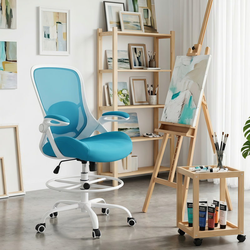 Chaise de dessinateur ergonomique avec support lombaire réglable, repose-pieds et accoudoirs rabattables, chaise de bureau à hauteur de comptoir en filet pour la maison et le bureau