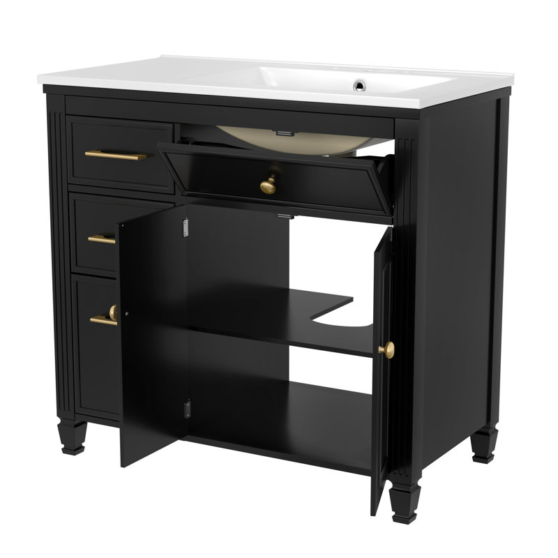 Meuble-lavabo moderne noir avec lavabo en céramique durable, rangement compact et conception autoportante