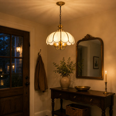 Vintage 3-Light Glass Pendant Chandelier with Scalloped Floral Shade, Gold Finish
