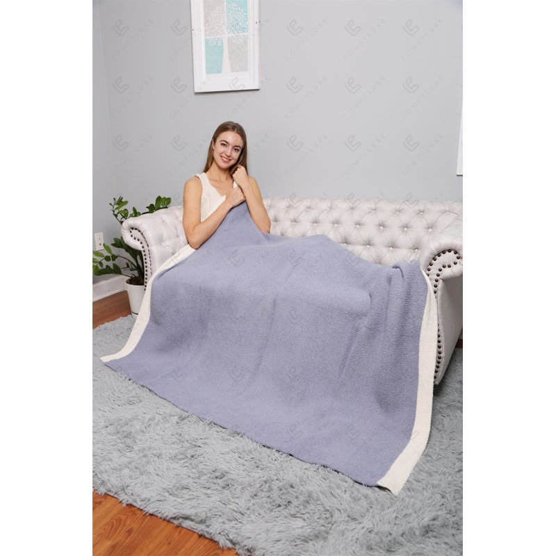 Jeté de luxe uni de couleur unie avec bords colorés , Bleu