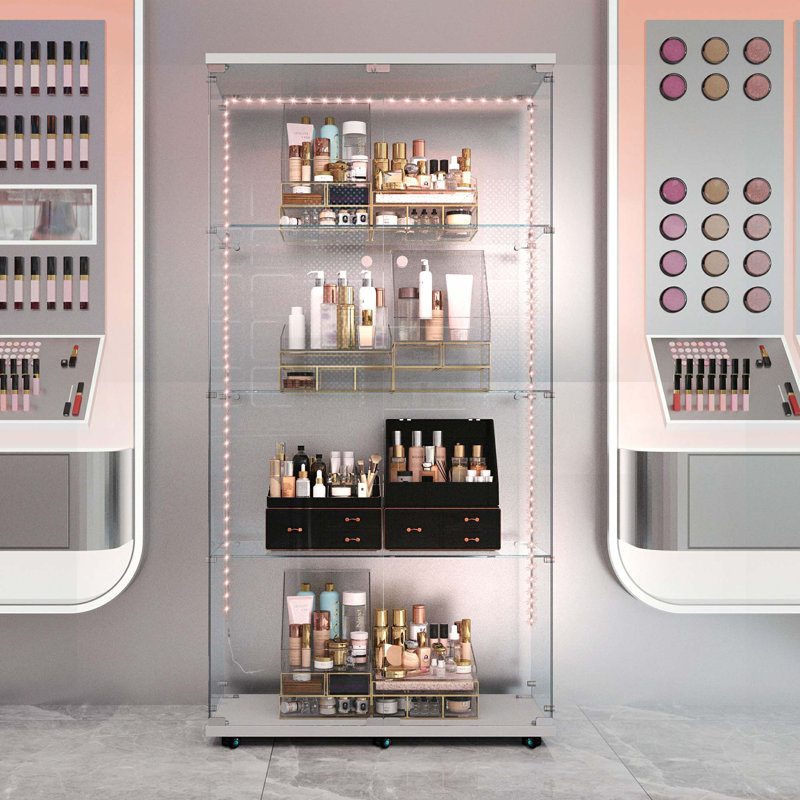 Tempered Glass Display Cabinet, Wine Cabinet,Storage Cabinet,File Cabinet,With Bluetooth LED Light Strip,Lock On The Door,Equipped With Cast