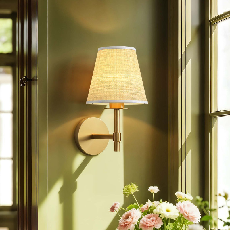 Rowabi Elan Cone Arm Sconce – Metal, Raffia & Natural Beige, Gold 1-light Hardwired Handwoven Dimmable Wall Sconce For Bedroom Or Hallway In Modern, Mid-century, And Contemporary Style