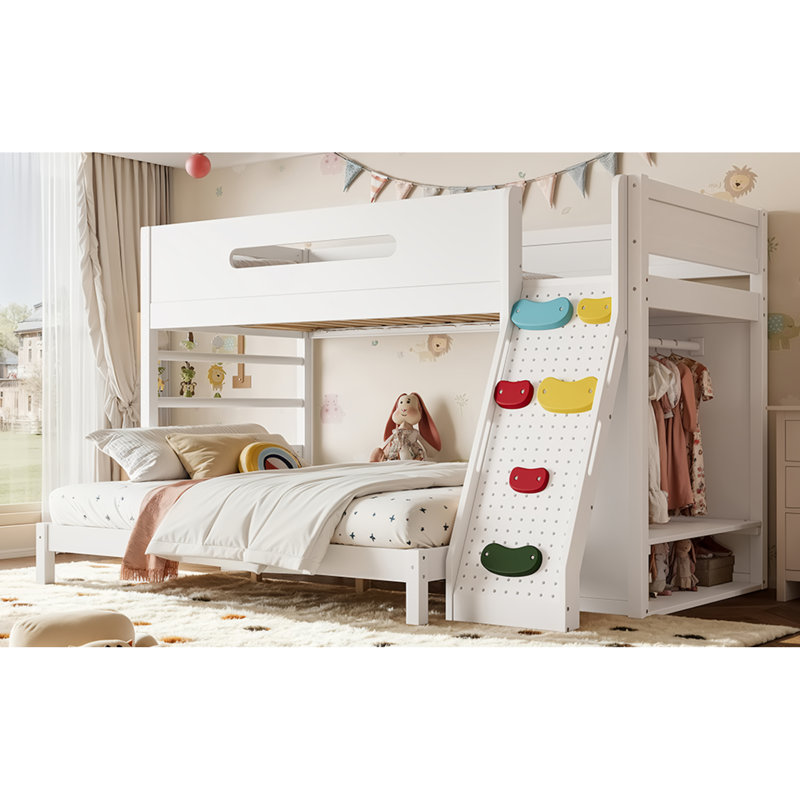 Lit simple TG au-dessus de grand lit avec rangement, panneau de fibres à densité moyenne blanc, maison pour enfants moderne