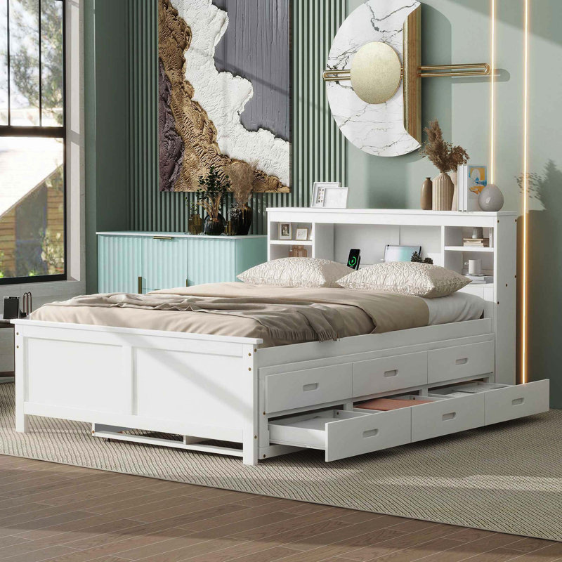Lit plateforme double avec tête de lit, chargement USB, lit gigogne simple et 3 tiroirs, blanc, Lit double