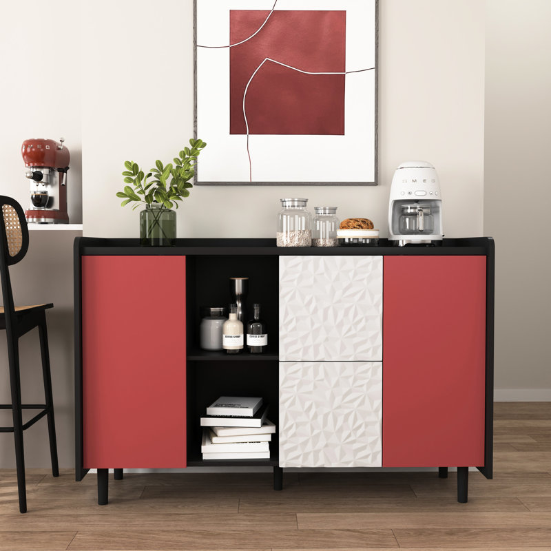 Buffet en noir et rouge pour armoire de rangement élégante avec portes, 2 tiroirs et compartiments ouverts, Black/Red