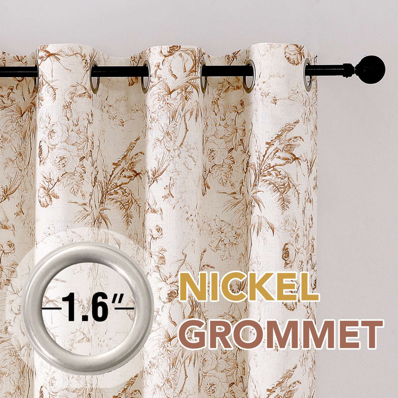 Rideaux en lin pour salon 2 rideaux à imprimé floral et rideaux semi-transparents en lin, Terre cuite, 52'' W x 108'' L