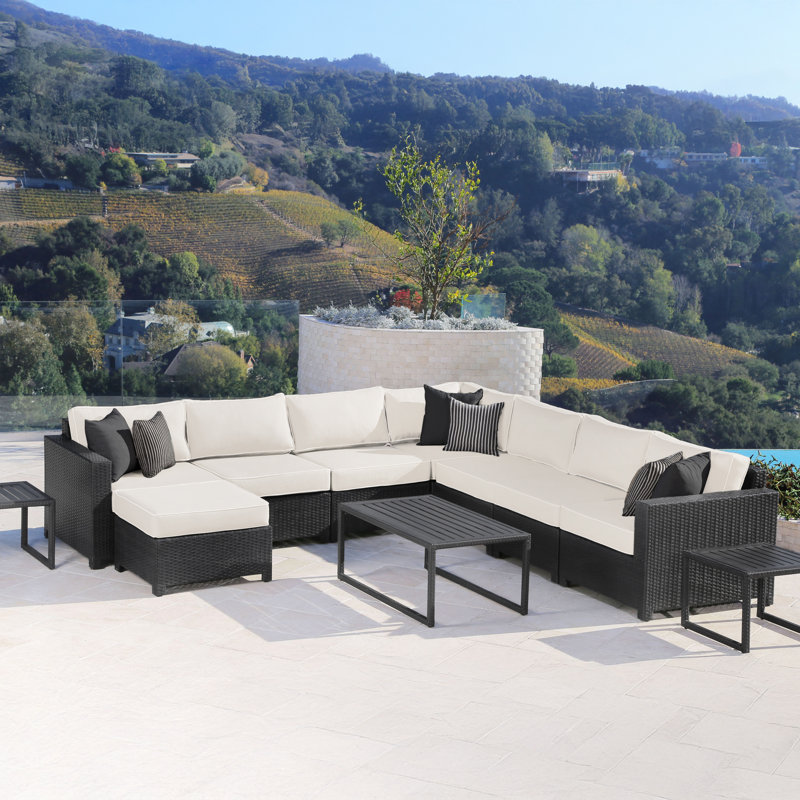Monaco Outdoor 11-pc Modular Sectional Set, Sunbrella Spectrum Eggshell & Black Wicker