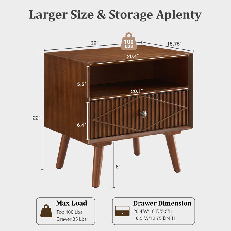 Table de chevet moderne de style Mid-Century de 56 cm (22 po) avec façade de tiroir géométrique et étagère ouverte