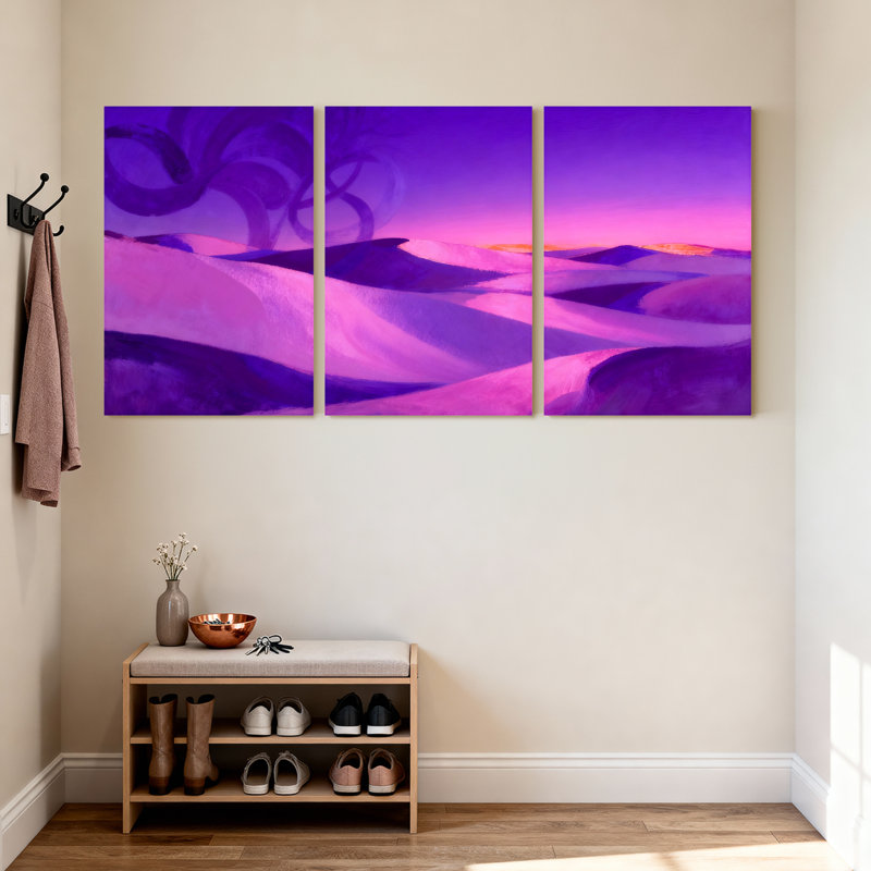 Scénario et paysages urbains, paysage de désert mauve avec vagues abstraites, ensemble de 3 impressions sur toile