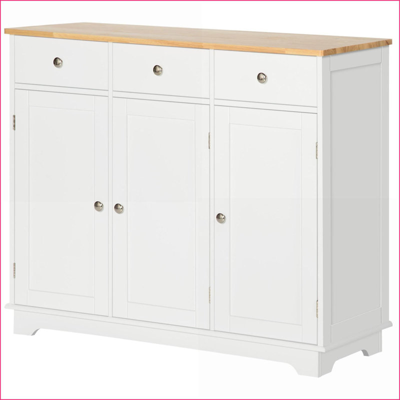 Buffet, armoire de rangement blanche moderne avec plateau en bois d'hévéa massif, 3 tiroirs | Cadre en panneau de fibres à densité moyenne | Conception anti-basculement