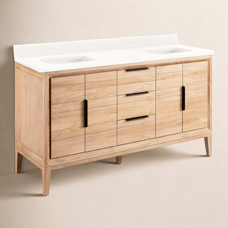 Meuble-lavabo double 60 po Aliso, Quartz blanc arctique, Aucun trou de robinet, Teck naturel