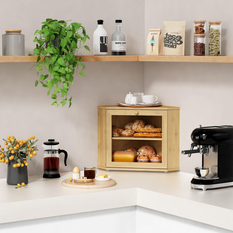 Corner Bread Box for Kitchen Countertop, Two Layer Bread Storage Container, Large Bread Holder for Kitchen Counter, Natural