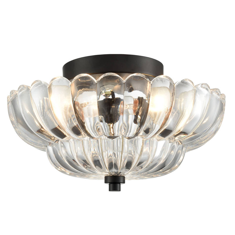 3-light Modern Metal with Scalloped Clear Glass Semi Flush Mount Ceiling Light for Living Room, Black