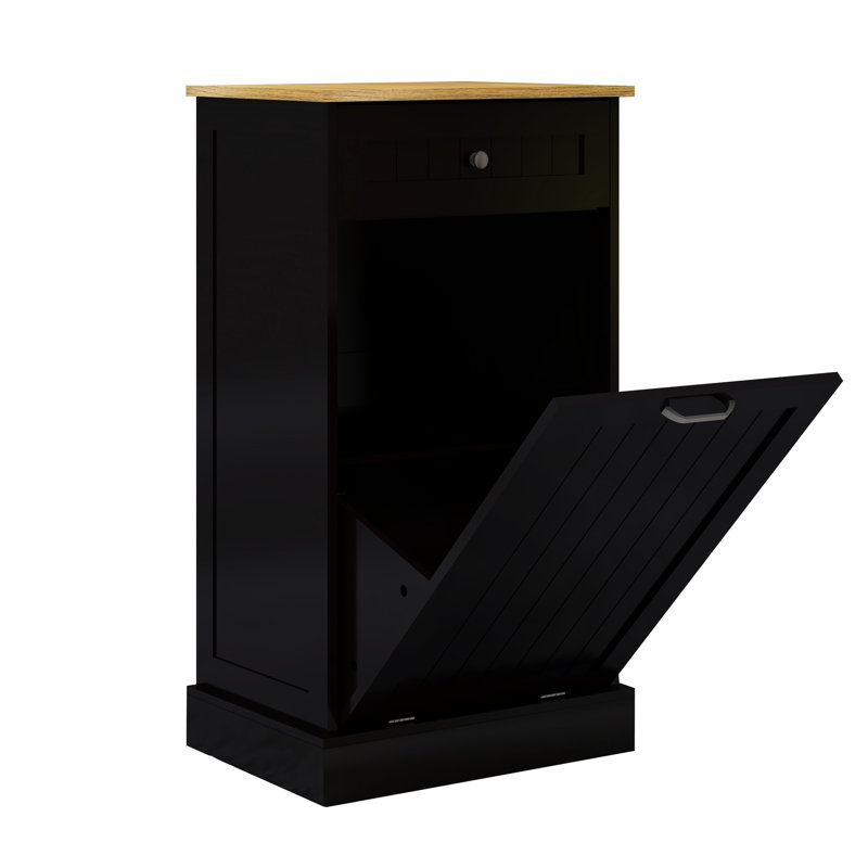 Armoire poubelle de cuisine enduite à un tiroir et noire, peut être intégrée à un îlot, prédécoupée pour l'assemblage, s'incline, résiste à l'humidité, dissimule et maintient la zone propre