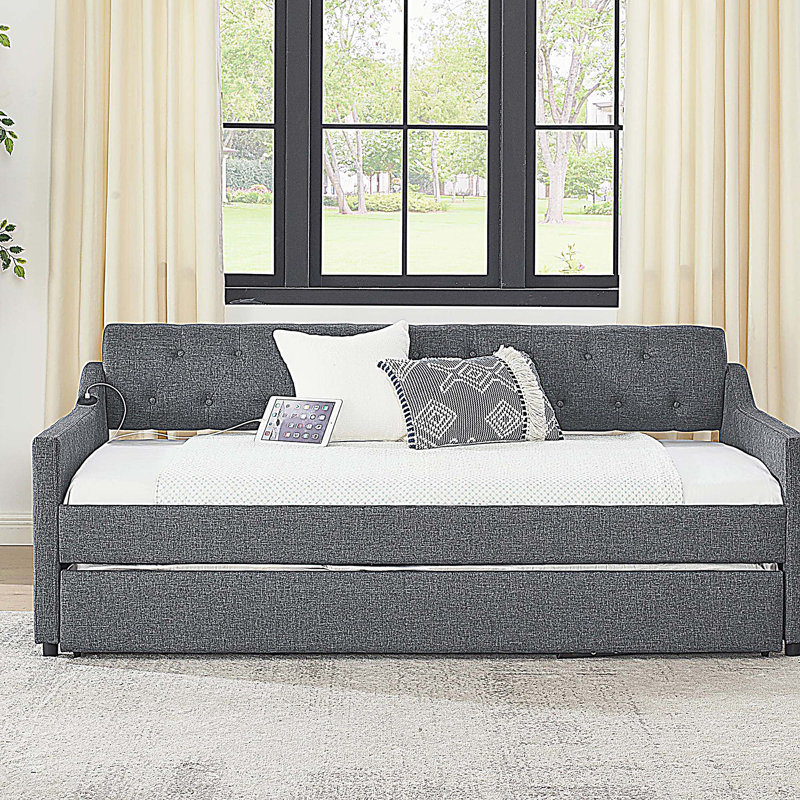 Twin Size Upholstery DayBed with Erectable Trundle and USB Charging, Dark Gray