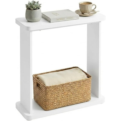 Narrow Side Table for Small Spaces, 7.9" Slim End Table with 2-Tier Open Storage Shelf, Modern Skinny Wood Sofa Table for Living Room, Bedroom, Nightstand, Couch(White)
