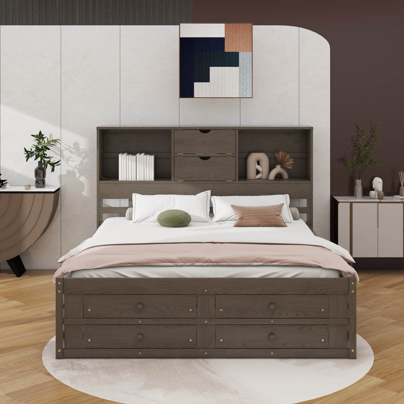Très grand lit plateforme avec tête de lit et tiroirs, Gris