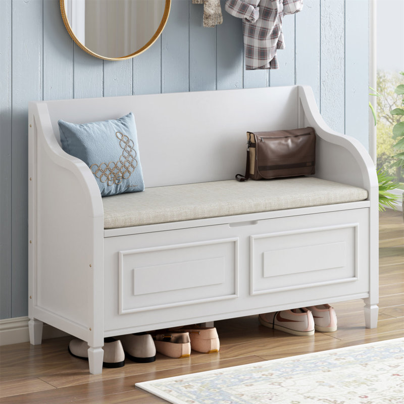 Banc de rangement multifonctionnel en bois massif de style rustique avec charnière de sécurité (blanc et beige)
