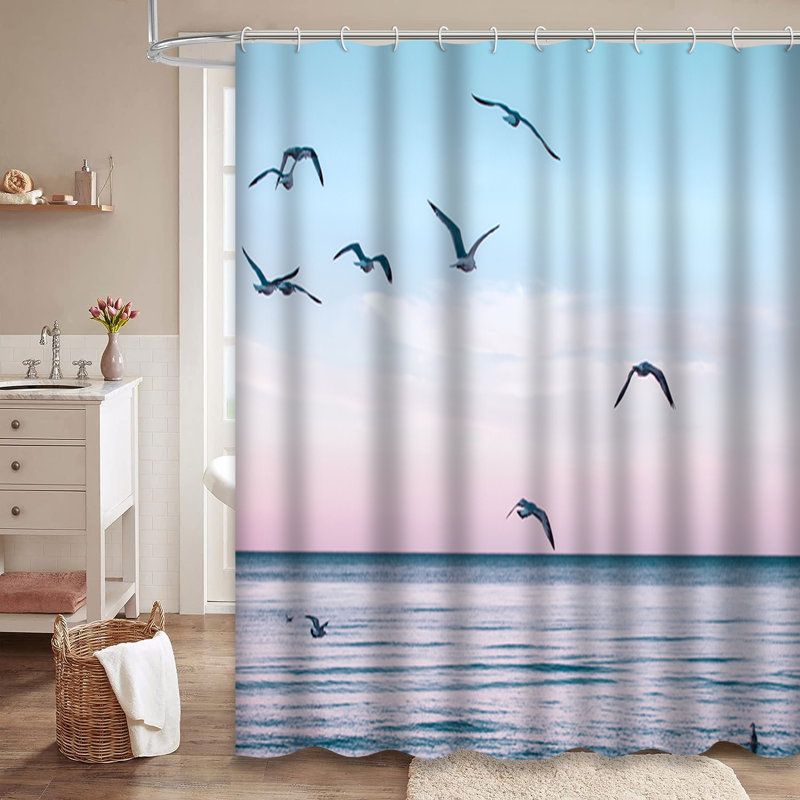 Seagulls Flying Sunset Summer Retro Shower Curtain with 12 Hooks, 78" L x 72" W