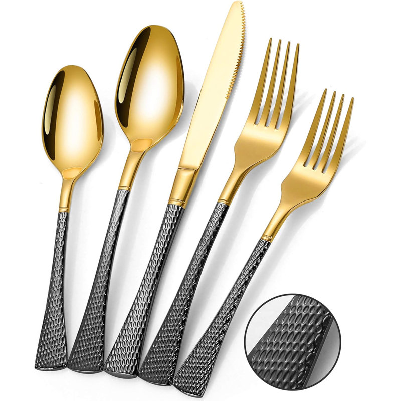 Ensemble de couverts 40 pièces en acier inoxydable martelé 40 pièces pour couverts modernes avec finition polie miroir, Doré