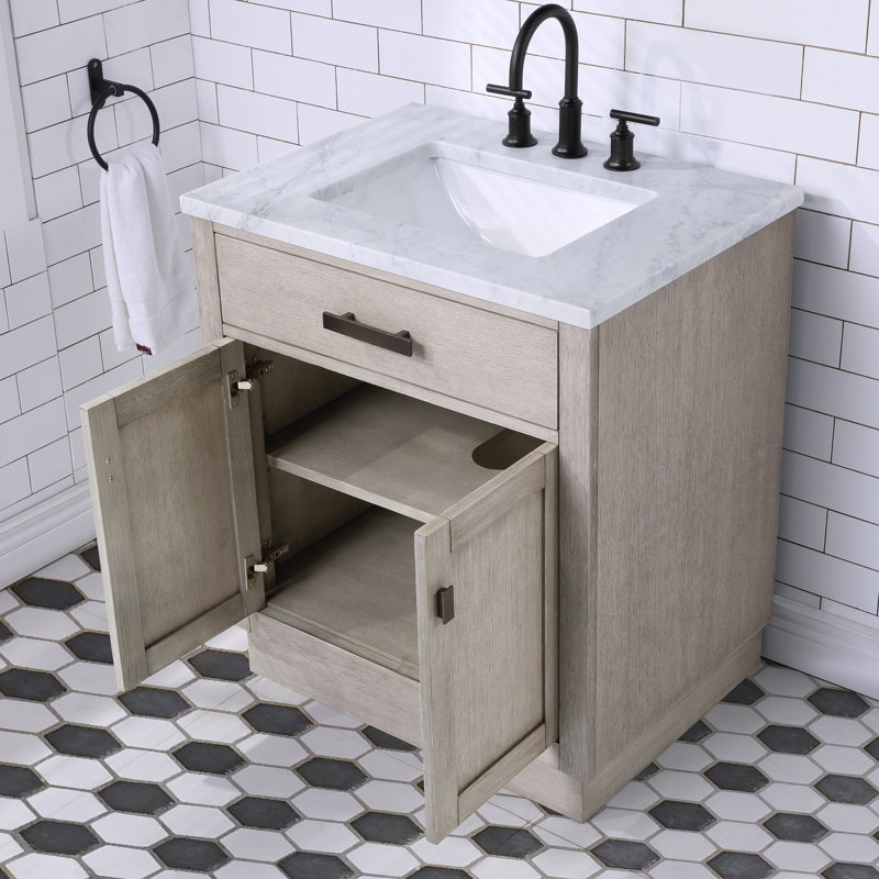 Chestnut 30" Carrara White Marble Countertop Bath Vanity with Faucet, Gray Oak, Faucet Included
