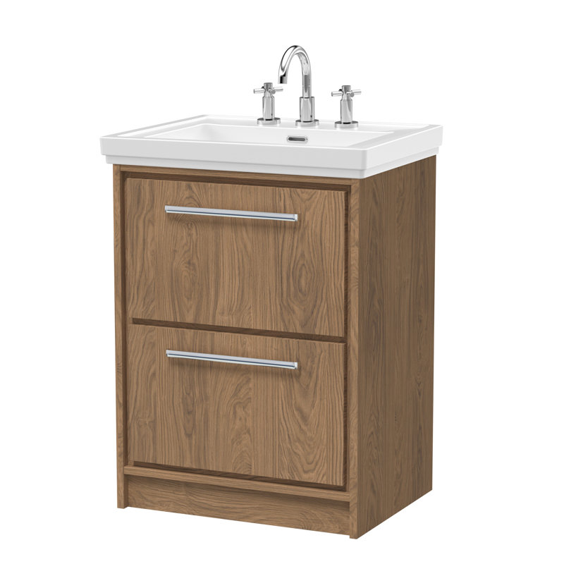 Hudson Reed Lille 600mm Graphite Grey Woodgrain 2 Drawer  Floor Standing Vanity Unit With 3 Tap Holes Fireclay Basin, 63cm W