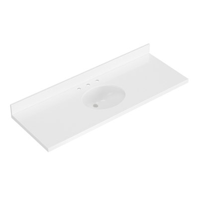Ariel 61 Inch Pure White Quartz Bathroom Vanity Countertop 1.5 Inch Thick Miter Edge With Oval Single Sink And Includes Backsplash