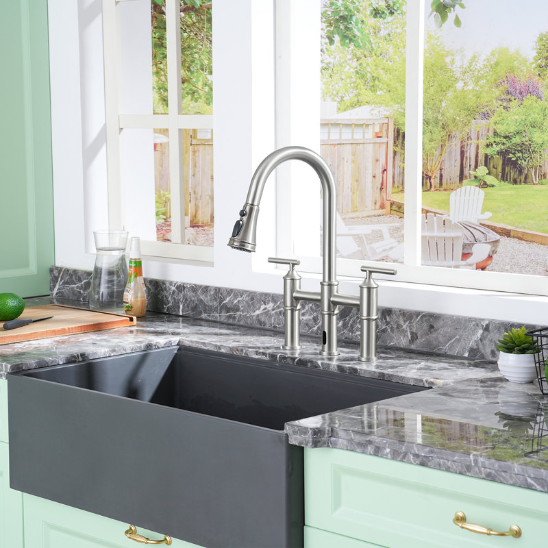 CASAINC Bridge Pull Down Touchless Sensor Kitchen Faucet with 2 Handles, Brushed Nickel