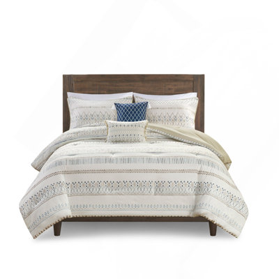 5-Piece Comforter Set Queen Size, Printed Seersucker With Throw Pillows, Soft Blue & Taupe Queen, Southwest Inspired Design