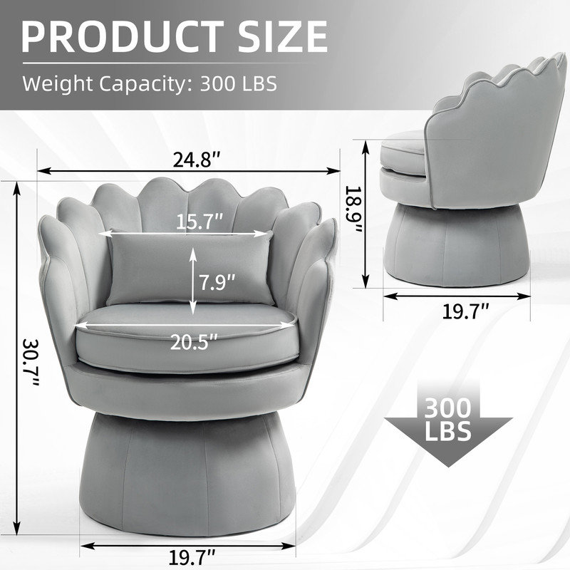 Fauteuil d'appoint rembourré et pivotant en velours, Velours gris velours