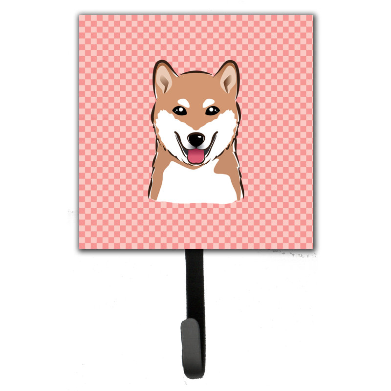 Porte-laisse à damier Shiba Inu et crochet mural, Rose, brun clair, blanc