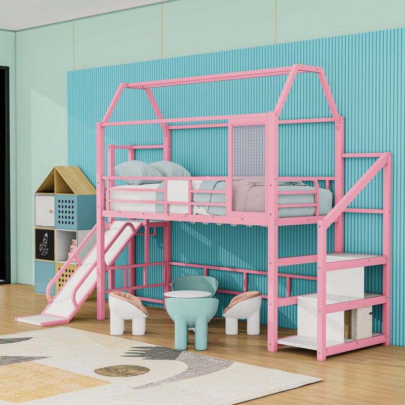 Metal Loft Bed With Staircase And Slide, Twin, Pink