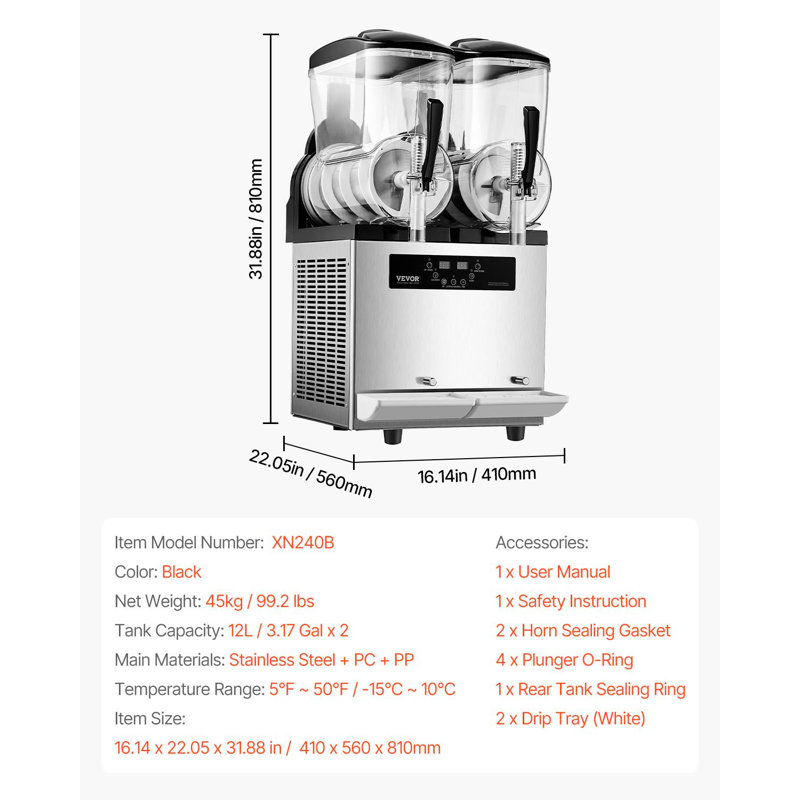 Machine commerciale à barbotine commerciale, machine à boissons congelées à double réservoir 12Lx2, cafetière à boissons glacées à la margarita en acier inoxydable 96 tasses, cafetière à barbe à café pour les réceptions à domicile