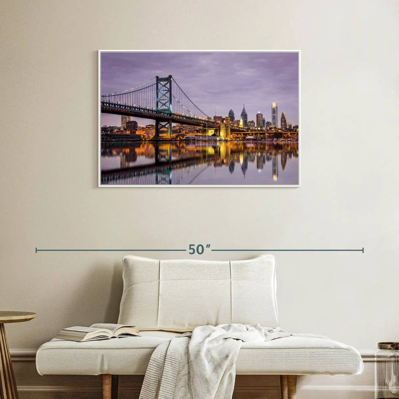 Horizon du pont Ben Franklin, 37 po x 25 po, Cadre flottant blanc