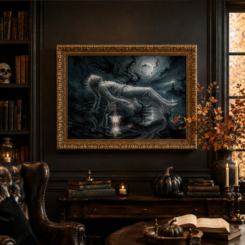 Homme flottant dans l'eau sombre près d'un papillon lumineux - Toile murale d'Halloween, H 20 po x l 30 po