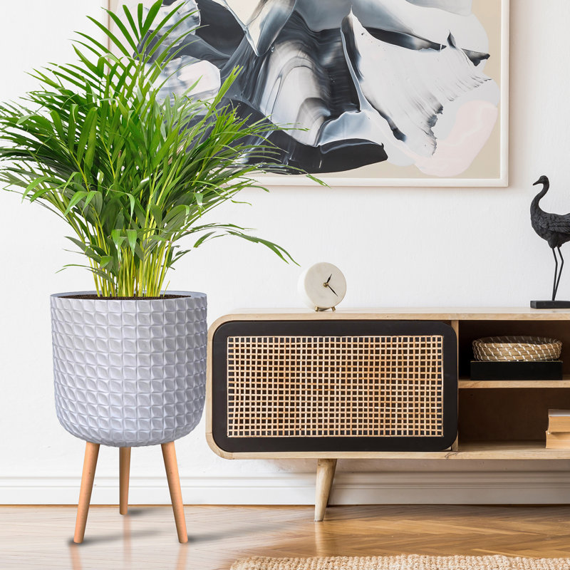 Geometric Patterned Cylinder Planter with Feet, 62cm H x 37cm W x 37cm D, White