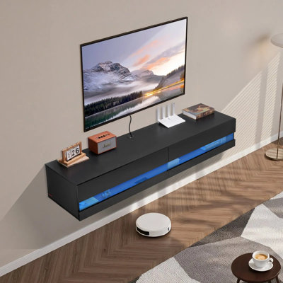 Floating TV Stand, 71 in Wall Mount Entertainment Center with Power Outlet & LED Lights, Modern Floating TV Shelf with 2 Drawers & Storage Cabinet for DVD Player, Cable Box, Game Console, Black