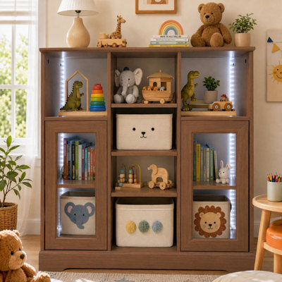 3 Tier Cube Bookcase, Modern Bookshelf with 10 Cubes, Freestanding Display Cabinet with Multi‑Color LED Lights & Glass Doors for Living Room Home Office