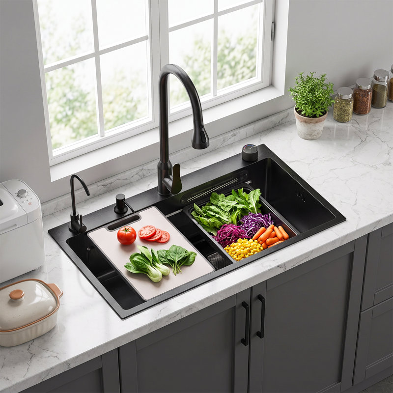 Évier de cuisine Sarlai Waterfall - Évier de station de travail encastrable 31,5 po avec cascade, cuves de cuisine en acier inoxydable à cuve simple multifonction à montage sur le dessus avec clés mécaniques